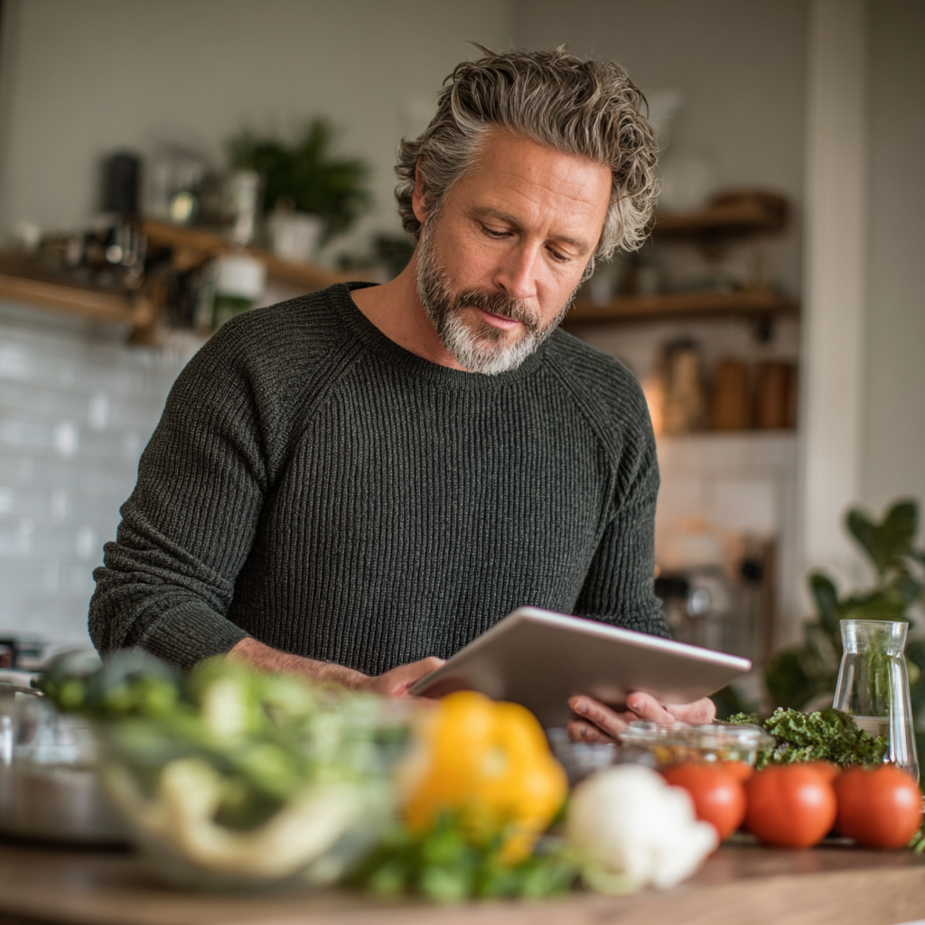 mature man reading nutrition plan on tablet while preparing healthy meal