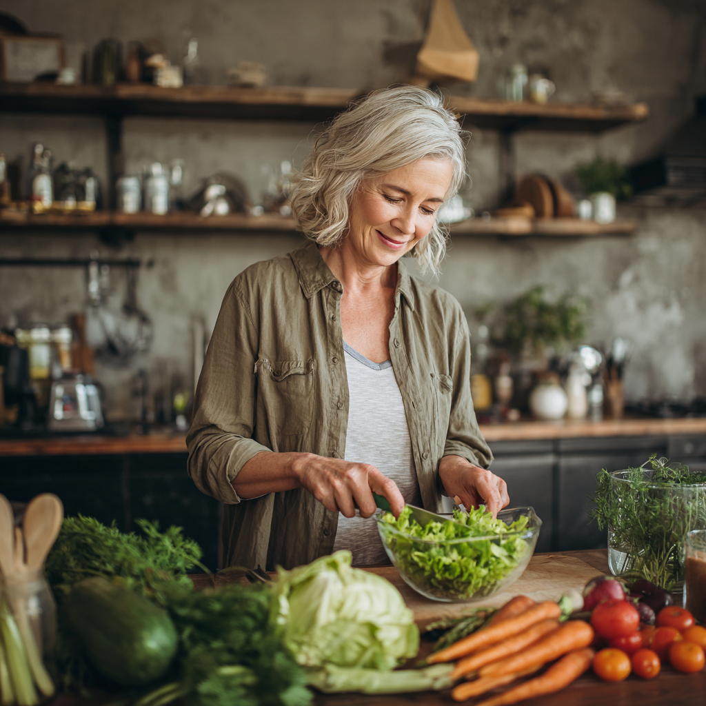 middle-aged woman preparing fresh salad with seasonal vegetables in modern kitchen